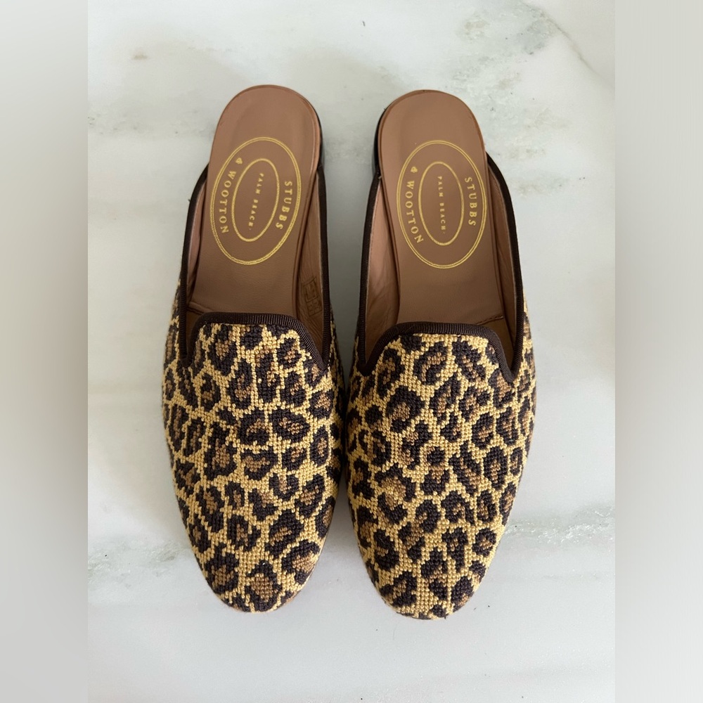 Stubbs & Wootton needlepoint leopard print Jane mules with box